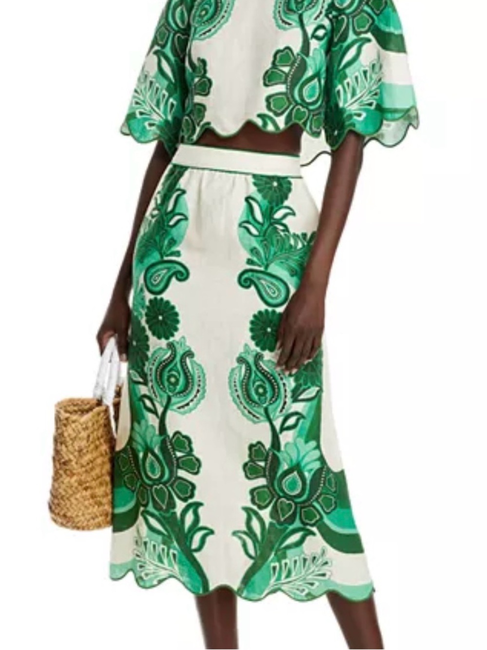 FARM Rio Green Linen Festival Midi Skirt | M